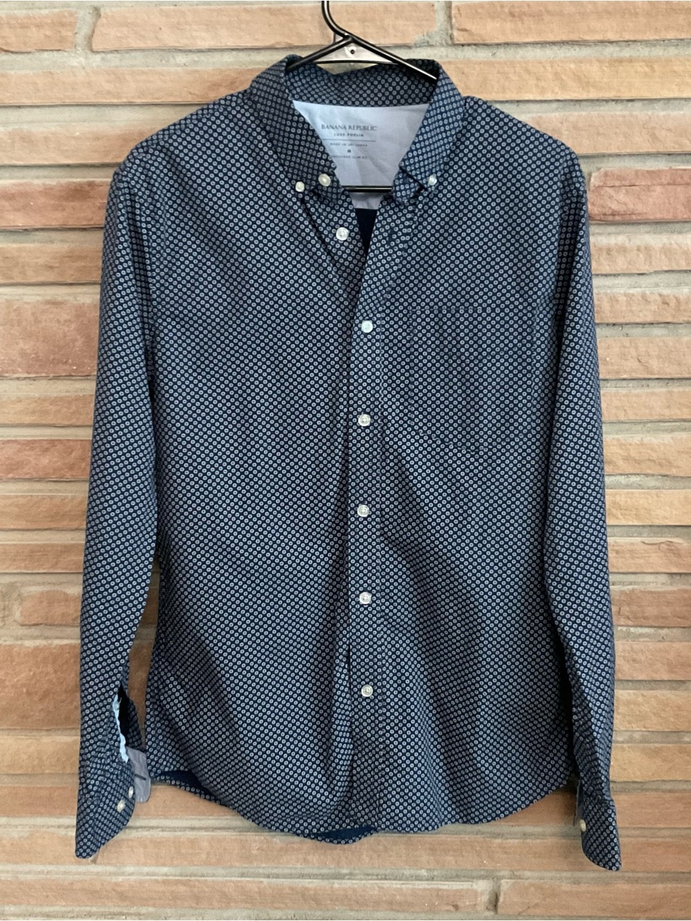 Banana Republic Luxe Poplin Shirt Untucked Slim Fit Medium Navy White Patterned